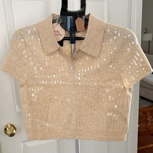 Camila Coelho Beige Sequin Polo Crop Top